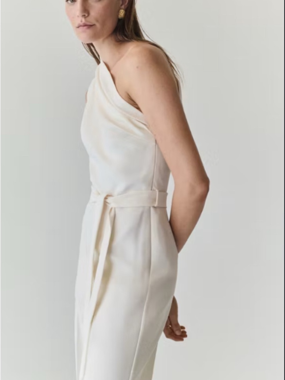 Calvin Klein Ivory One-Shoulder Sheath Dress with Waist Tie